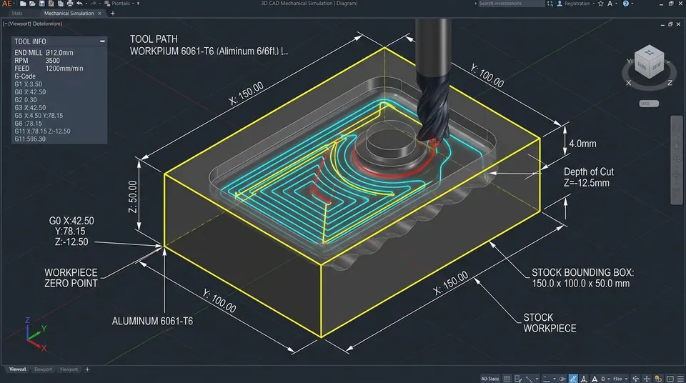 3D CAD mechanical stock workpiece bounding box simulation and milling toolpath diagram