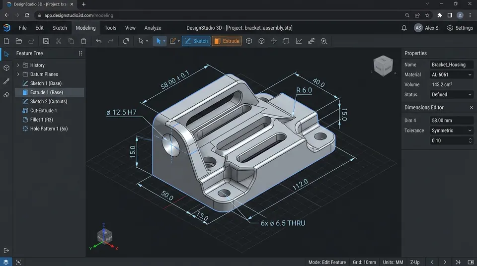 SHADER7 3D CAD Web Studio Modeler workpiece extrusion and dimension inspection interface
