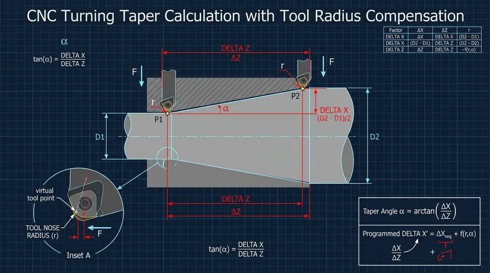 CNC Turning Taper and Angle Trigonometric Calculation Diagram with Tool Radius Compensation