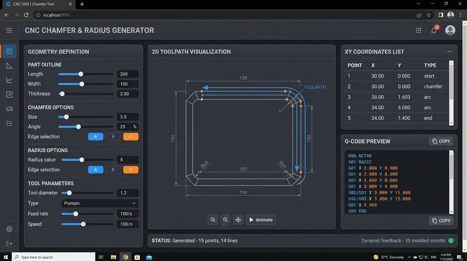 CNC Chamfer & Corner Radius Generator App UI