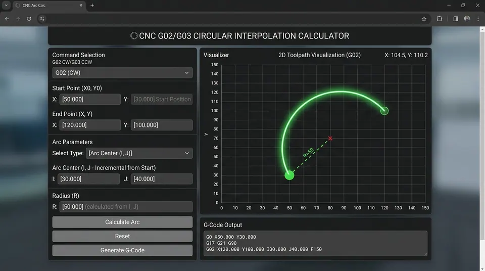CNC Circular Interpolation G02 G03 Calculator UI and Toolpath Visualization