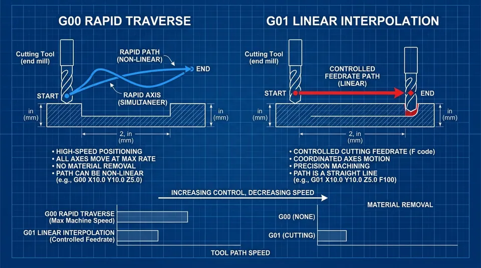 CNC G-Code Rapid Traverse G00 vs Linear Interpolation G01 Motion Comparison Diagram