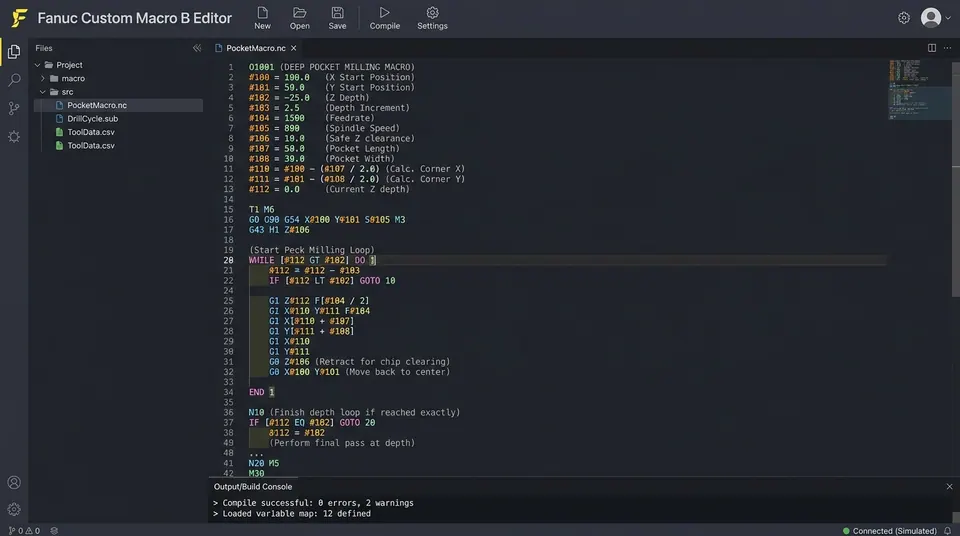 Fanuc Custom Macro B IDE Editor and Variable Map Programming Interface