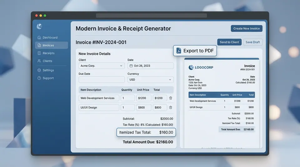 Professional Invoice Receipt Template with Itemized Breakdown and Tax Calculations