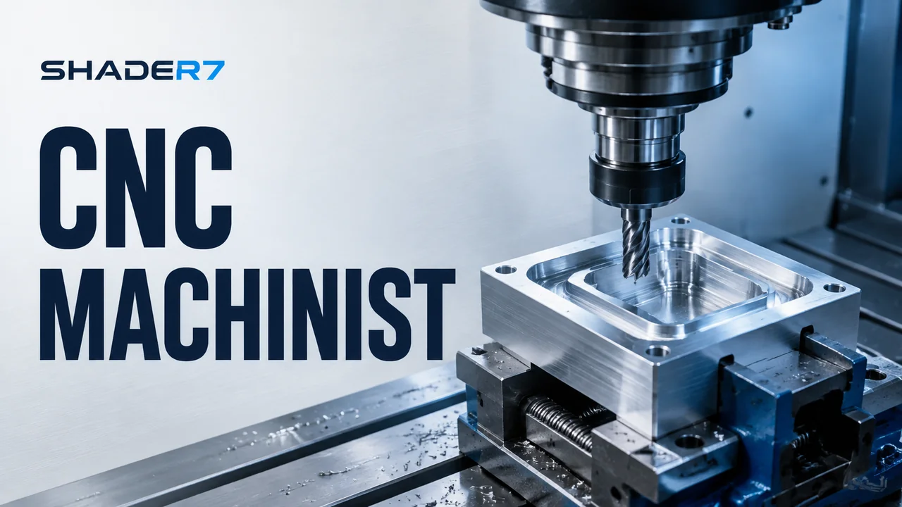 CNC Machinist by SHADER7, with a milling cutter above a machined aluminum part.