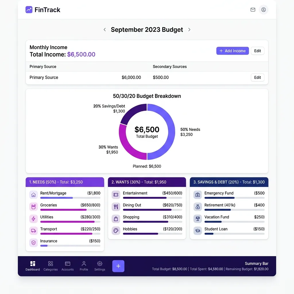 SHADER7 Budget Calculator interface detailing monthly 50/30/20 budget allocations