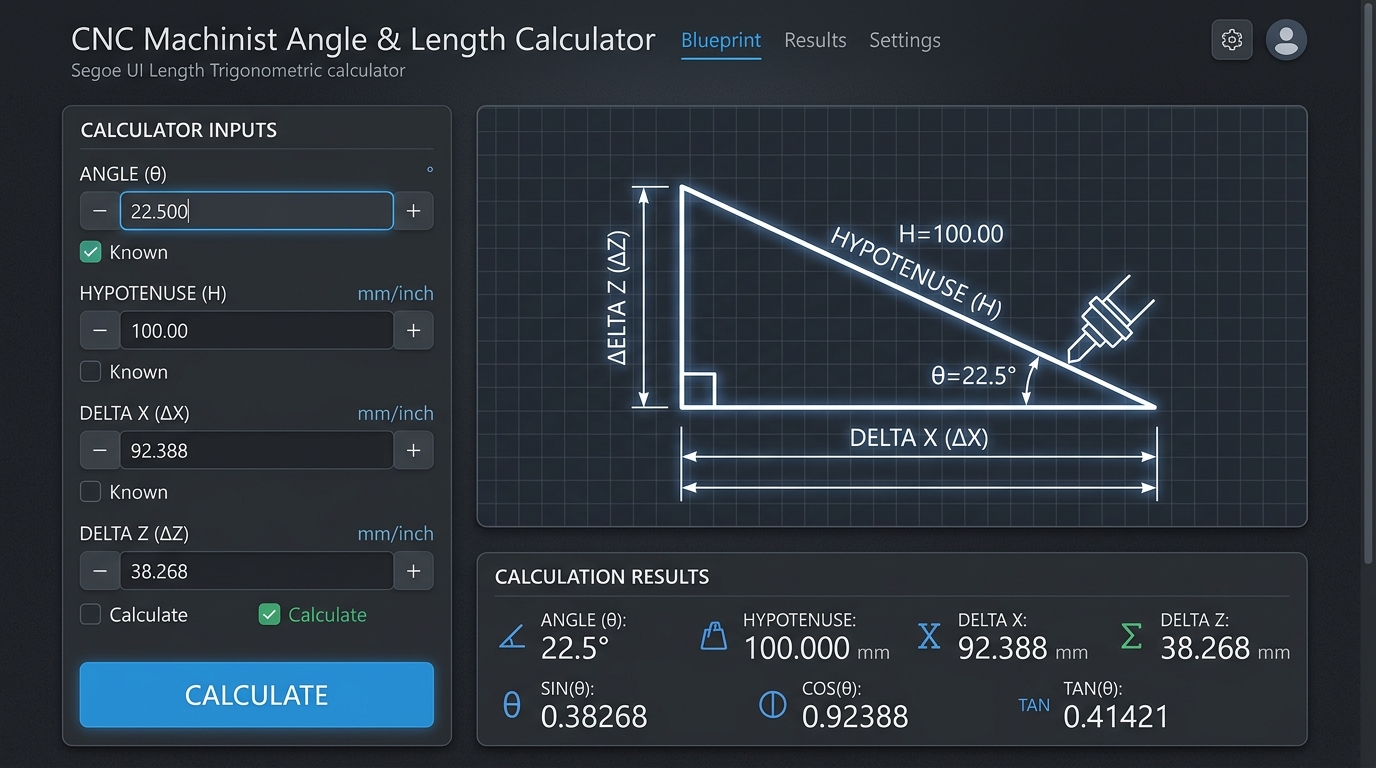 CNC Machinist Angle and Length Trigonometric Calculator Interface