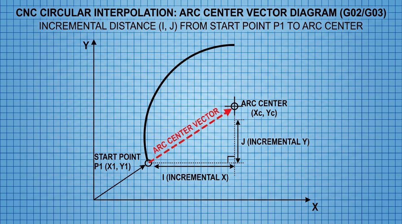 CNC Circular Interpolation Arc Center Vector I and J Incremental Distance Blueprint Diagram