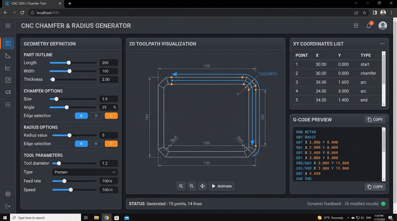 CNC Chamfer & Corner Radius Generator App UI