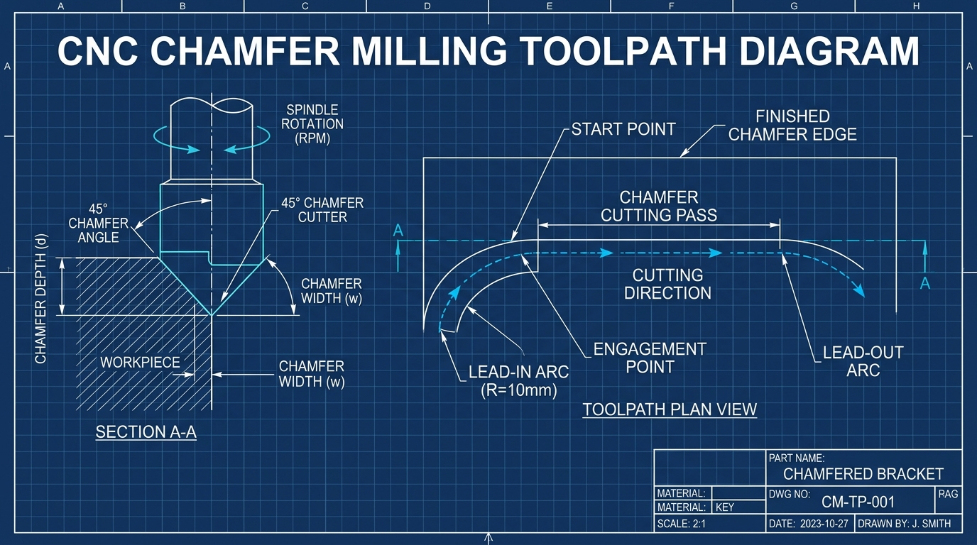CNC Chamfer Milling Toolpath Engineering Blueprint Diagram