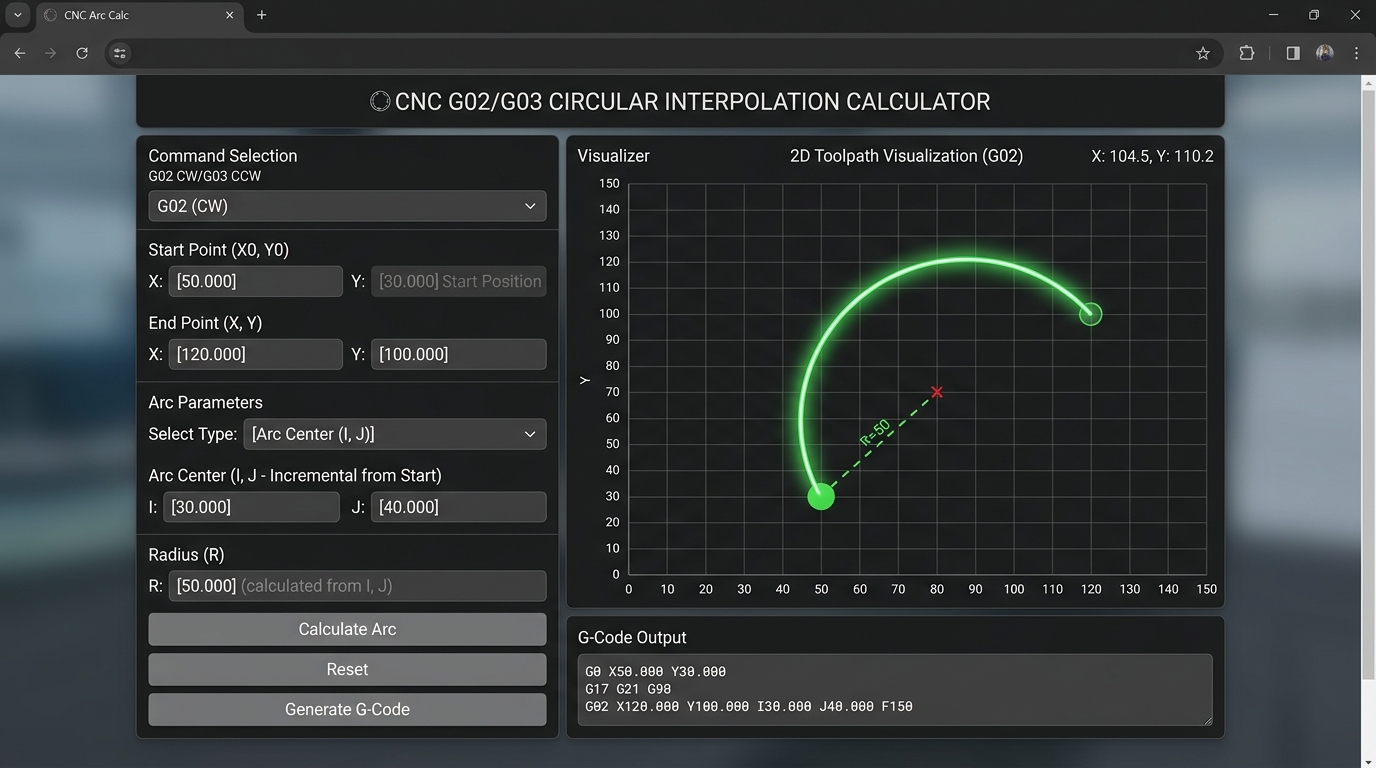 CNC Circular Interpolation G02 G03 Calculator UI and Toolpath Visualization