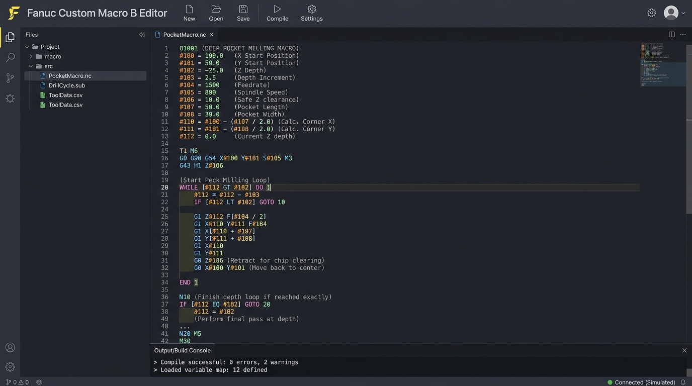 Fanuc Custom Macro B IDE Editor and Variable Map Programming Interface