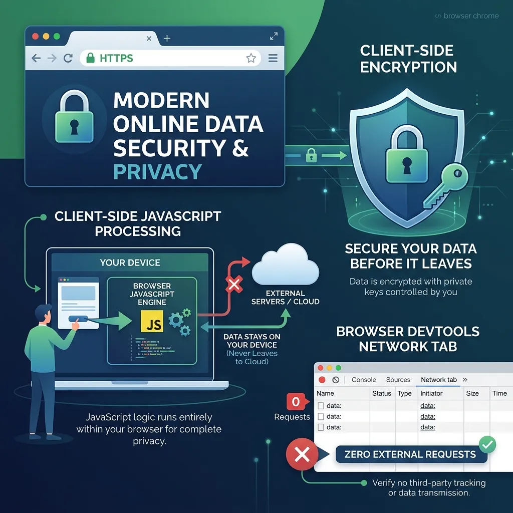 Data security illustration showing client-side JavaScript processing with HTTPS encryption and zero external data transfers