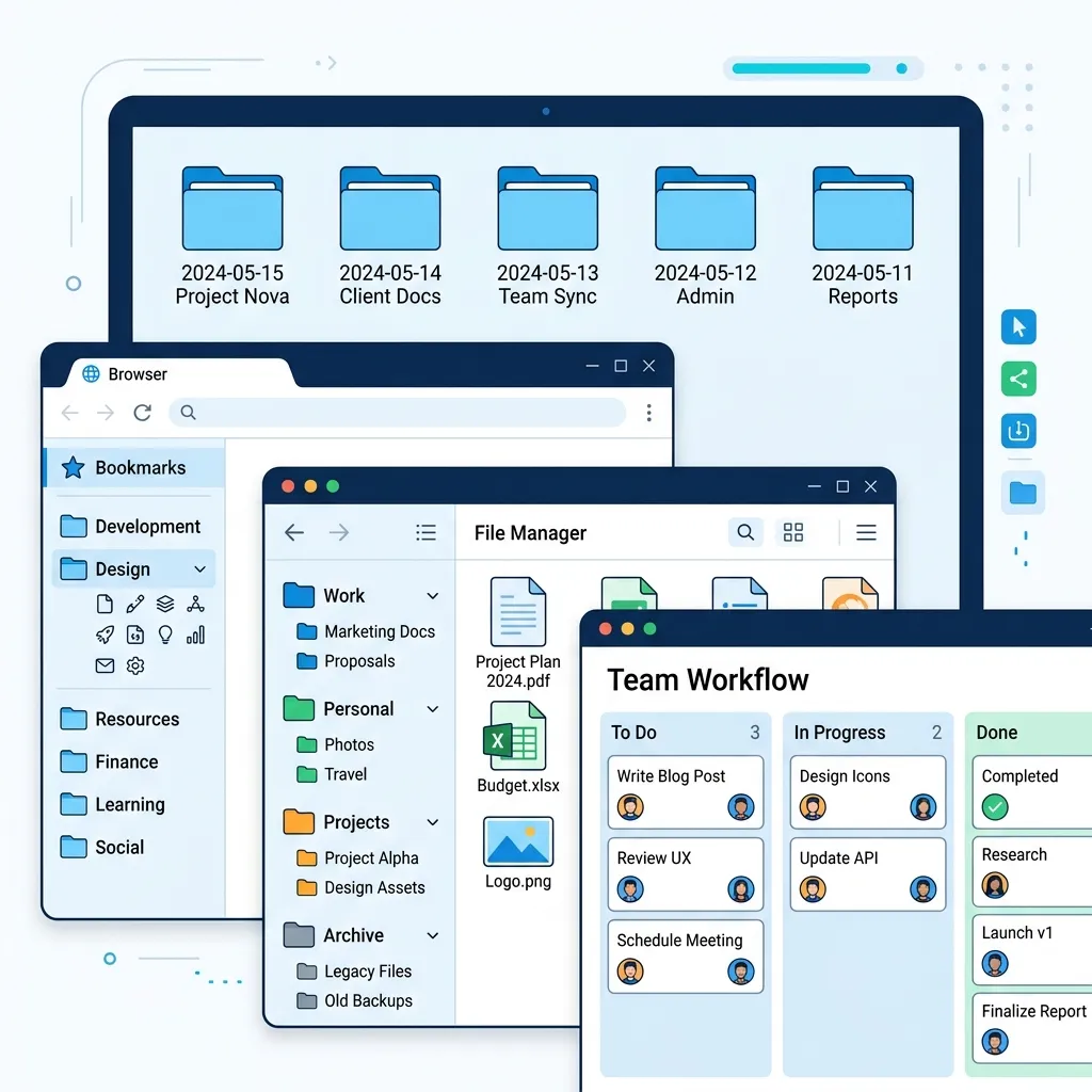 Well-organized digital workspace with structured folders, color-coded categories, and task management board