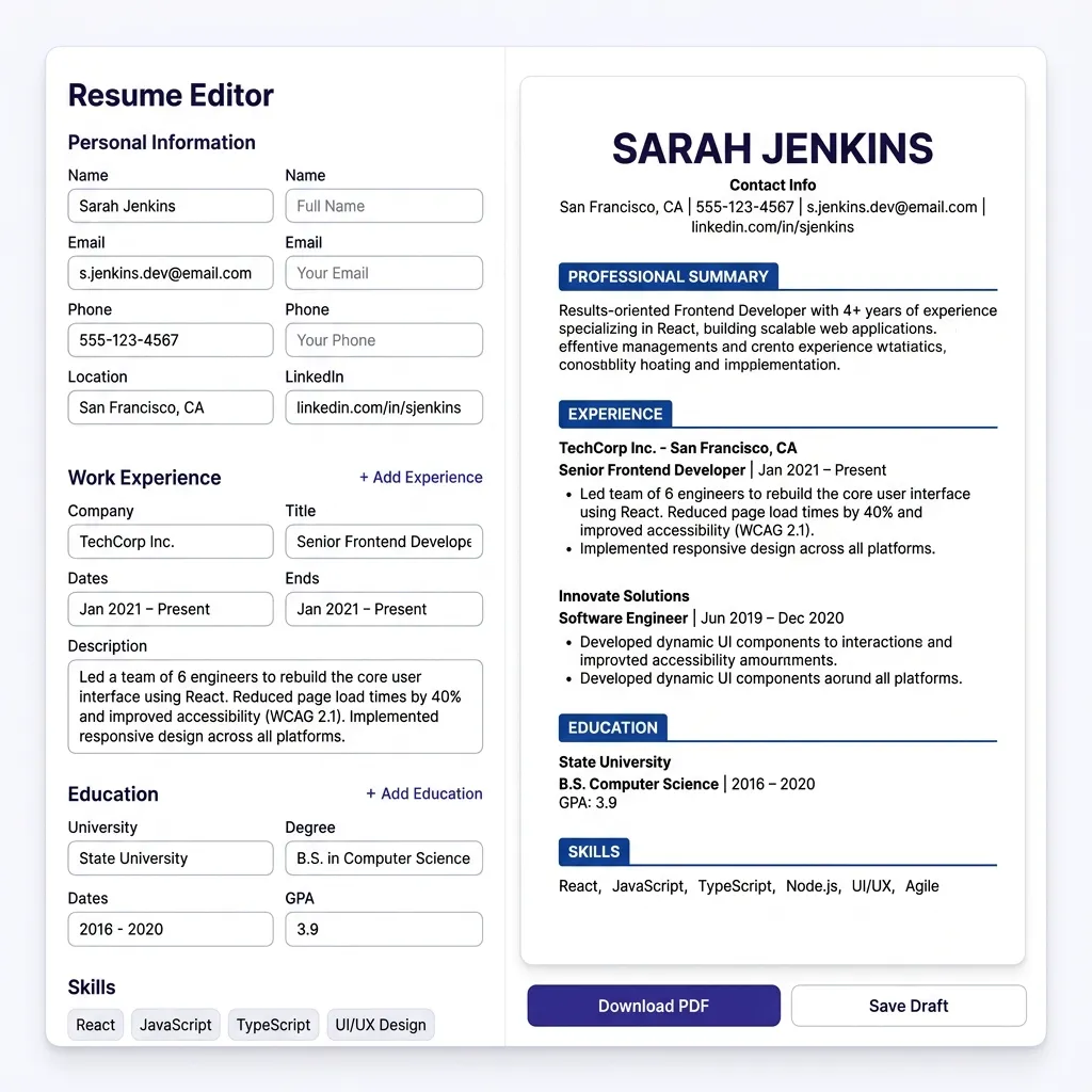 SHADER7 Resume Builder application interface showing form fields and live resume preview