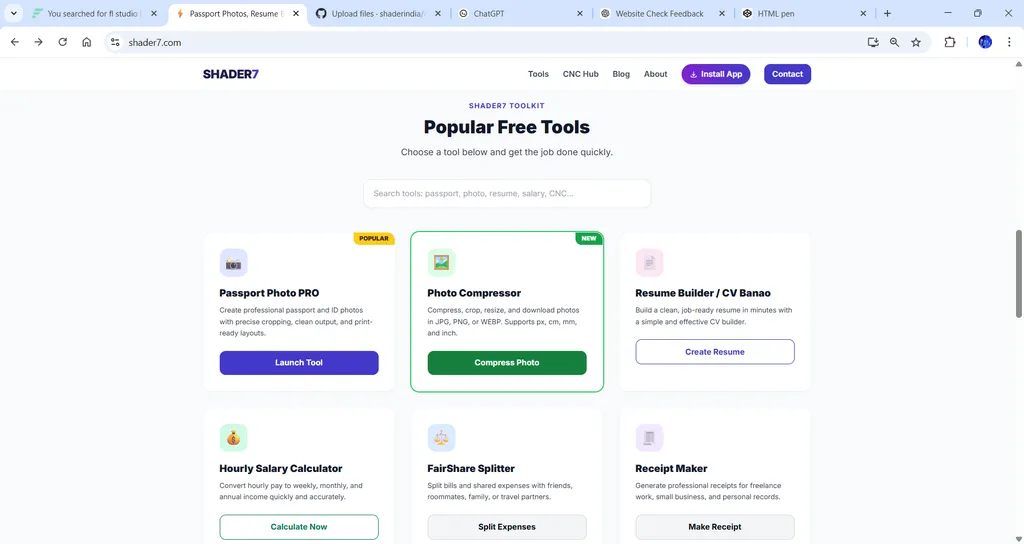 SHADER7 Suite Homepage and Online Tool Catalog