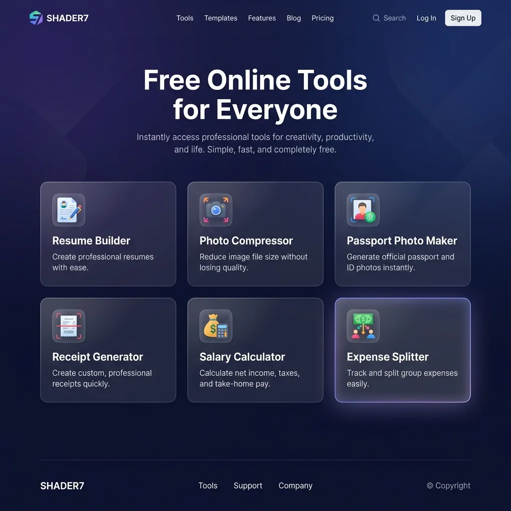 SHADER7 platform homepage showing the complete suite of free online tools