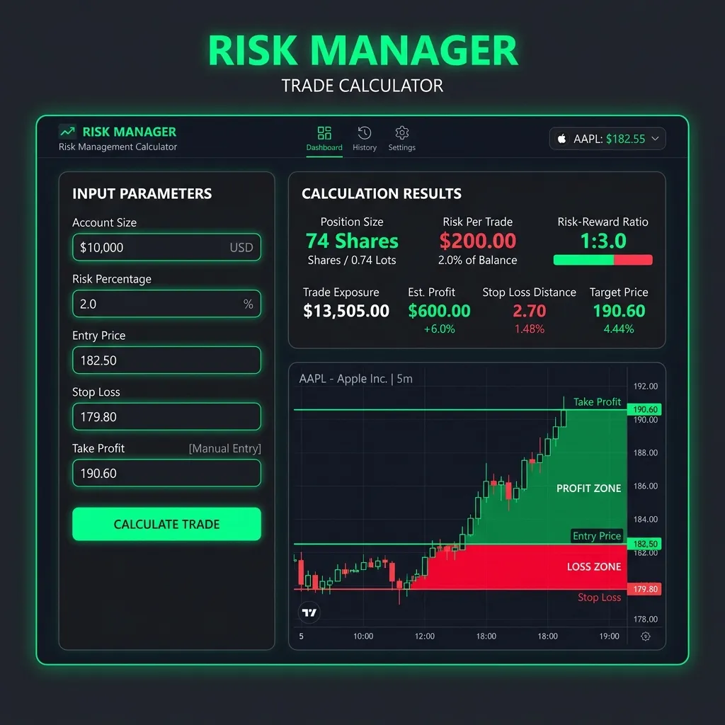 Trading risk management calculator showing position size, stop loss, and risk-reward ratio calculations